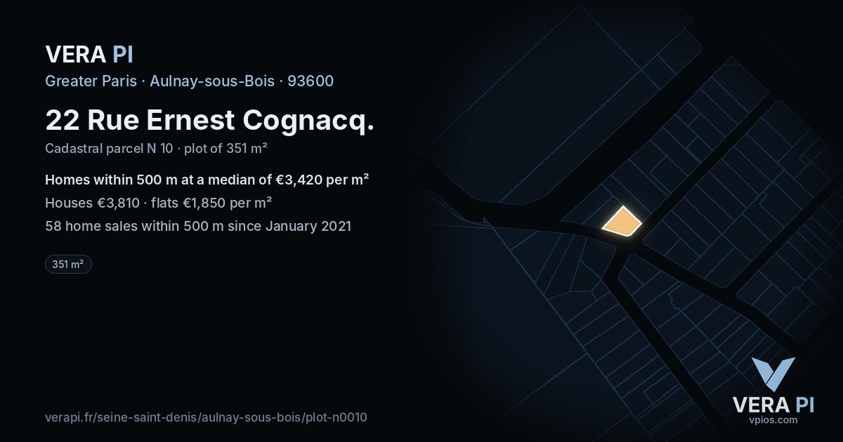 22 Rue Ernest Cognacq, Aulnay-sous-Bois at night – the plot lit, the parcels around coloured by the prices near them