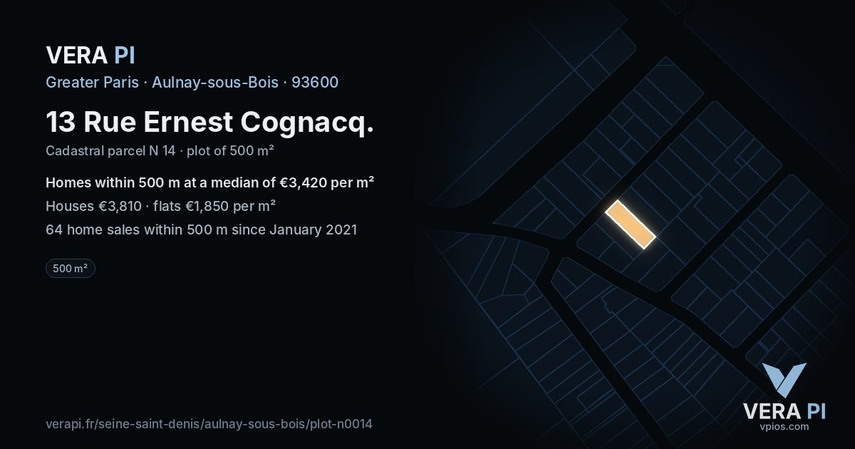 13 Rue Ernest Cognacq, Aulnay-sous-Bois at night – the plot lit, the parcels around coloured by the prices near them