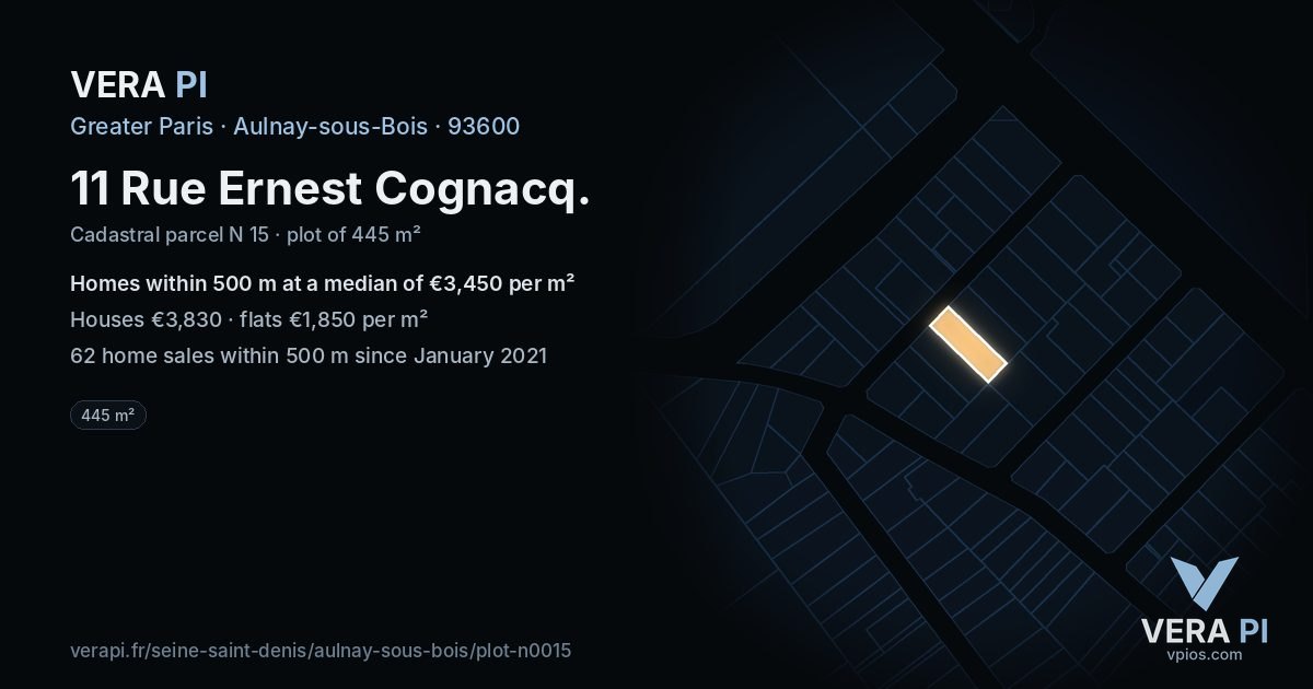 11 Rue Ernest Cognacq, Aulnay-sous-Bois at night – the plot lit, the parcels around coloured by the prices near them