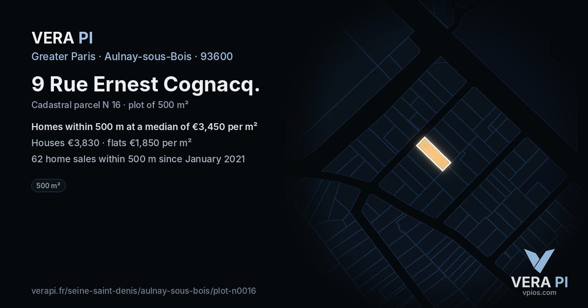 9 Rue Ernest Cognacq, Aulnay-sous-Bois at night – the plot lit, the parcels around coloured by the prices near them