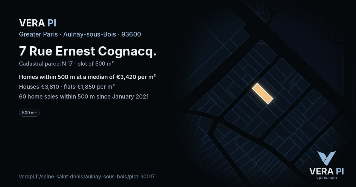 7 Rue Ernest Cognacq, Aulnay-sous-Bois at night – the plot lit, the parcels around coloured by the prices near them