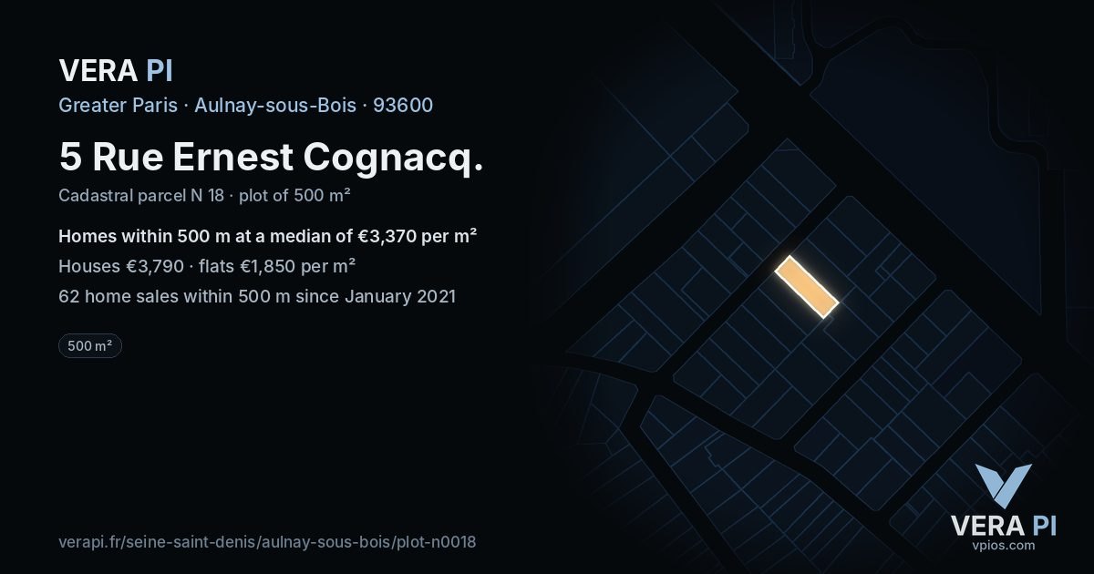 5 Rue Ernest Cognacq, Aulnay-sous-Bois at night – the plot lit, the parcels around coloured by the prices near them