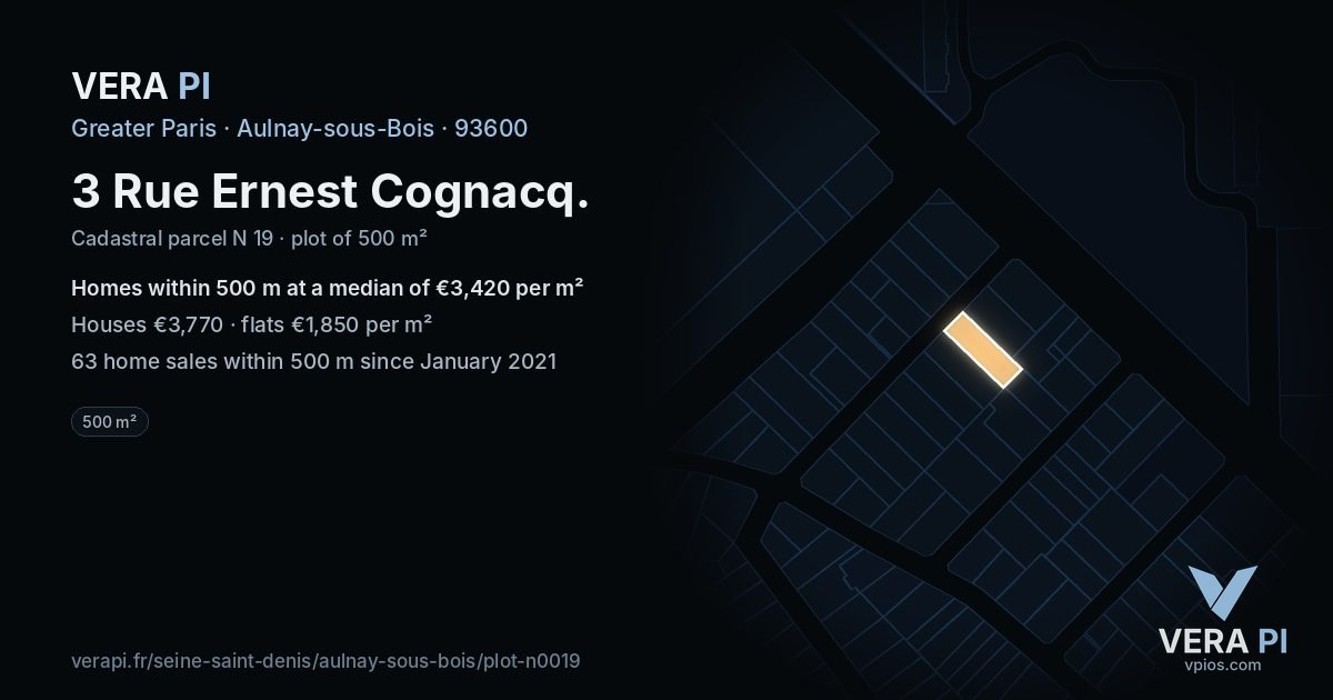 3 Rue Ernest Cognacq, Aulnay-sous-Bois at night – the plot lit, the parcels around coloured by the prices near them