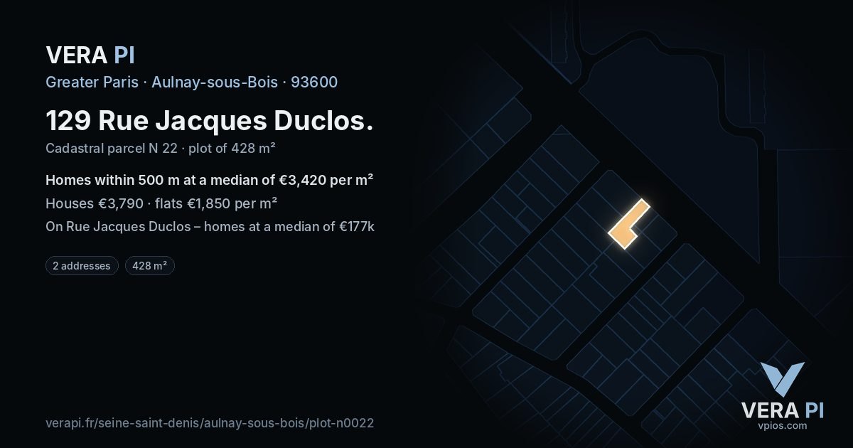 129 Rue Jacques Duclos, Aulnay-sous-Bois at night – the plot lit, the parcels around coloured by the prices near them