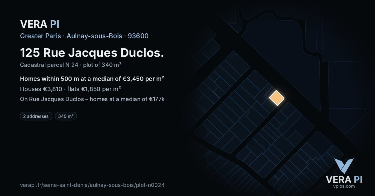 125 Rue Jacques Duclos, Aulnay-sous-Bois at night – the plot lit, the parcels around coloured by the prices near them