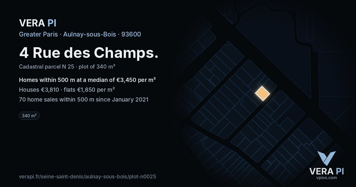 4 Rue des Champs, Aulnay-sous-Bois at night – the plot lit, the parcels around coloured by the prices near them