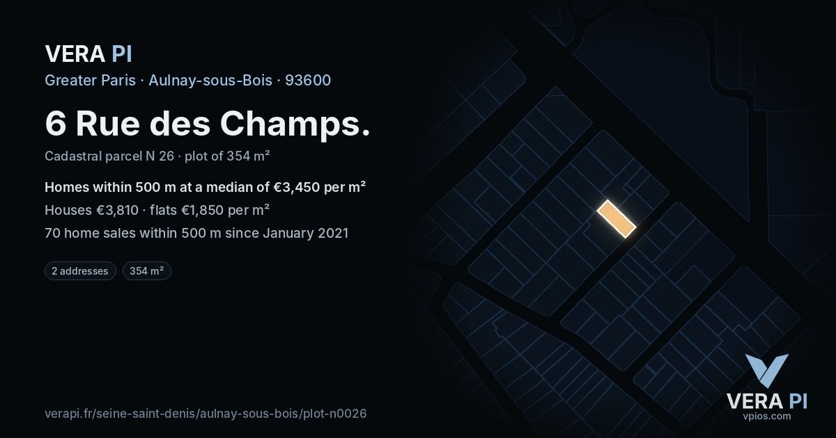 6 Rue des Champs, Aulnay-sous-Bois at night – the plot lit, the parcels around coloured by the prices near them