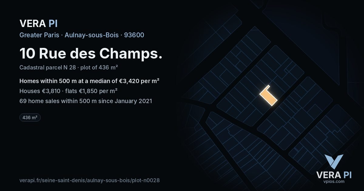 10 Rue des Champs, Aulnay-sous-Bois at night – the plot lit, the parcels around coloured by the prices near them