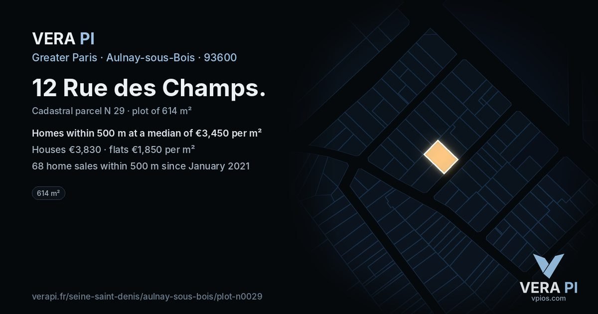 12 Rue des Champs, Aulnay-sous-Bois at night – the plot lit, the parcels around coloured by the prices near them
