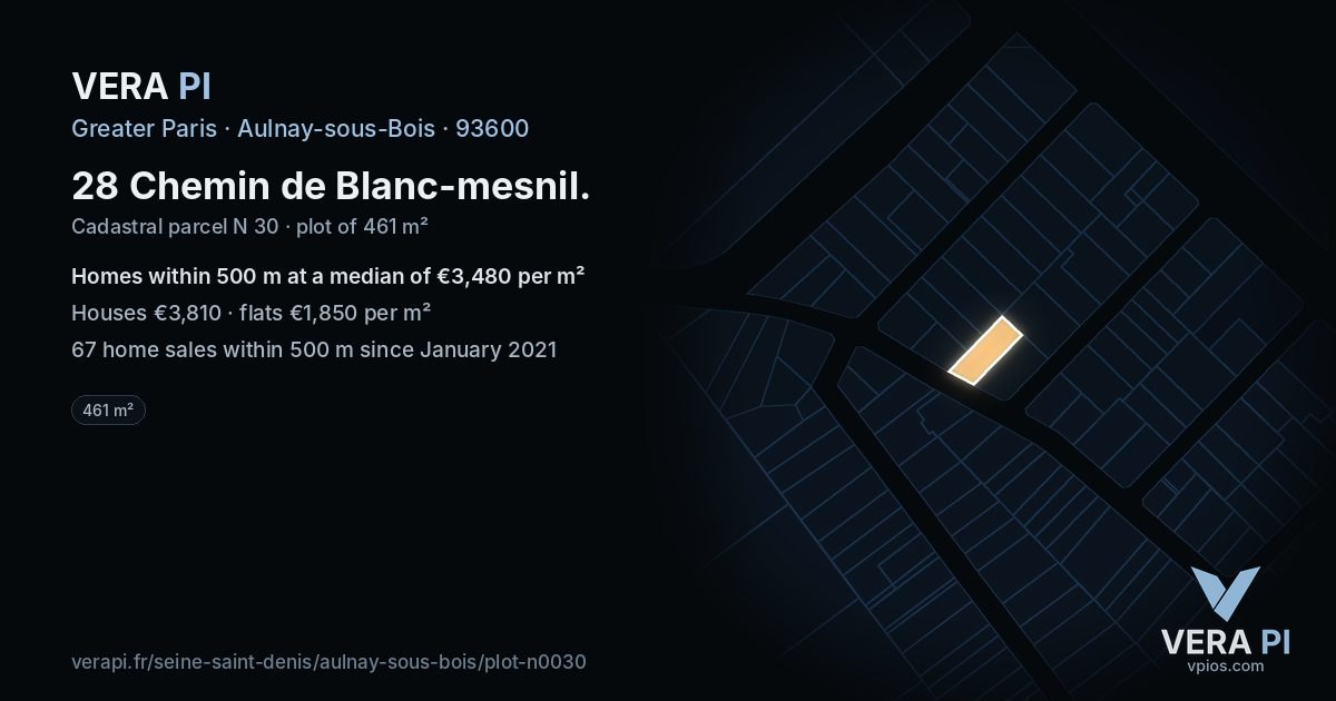 28 Chemin de Blanc-mesnil, Aulnay-sous-Bois at night – the plot lit, the parcels around coloured by the prices near them