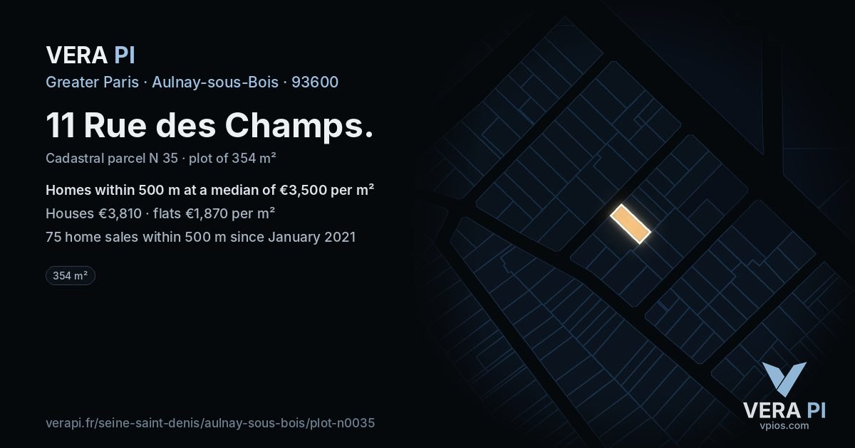 11 Rue des Champs, Aulnay-sous-Bois at night – the plot lit, the parcels around coloured by the prices near them