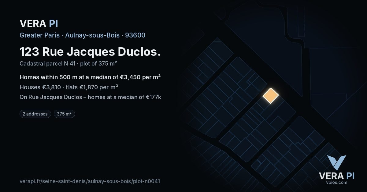 123 Rue Jacques Duclos, Aulnay-sous-Bois at night – the plot lit, the parcels around coloured by the prices near them
