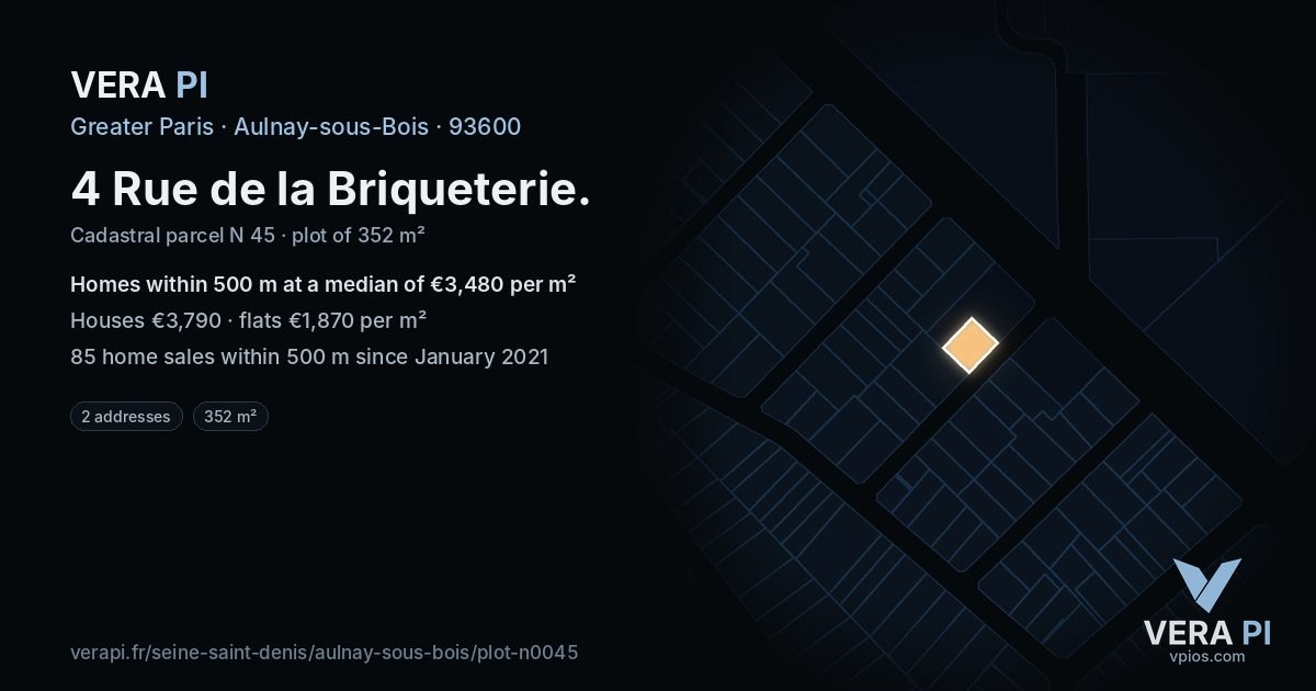 4 Rue de la Briqueterie, Aulnay-sous-Bois at night – the plot lit, the parcels around coloured by the prices near them