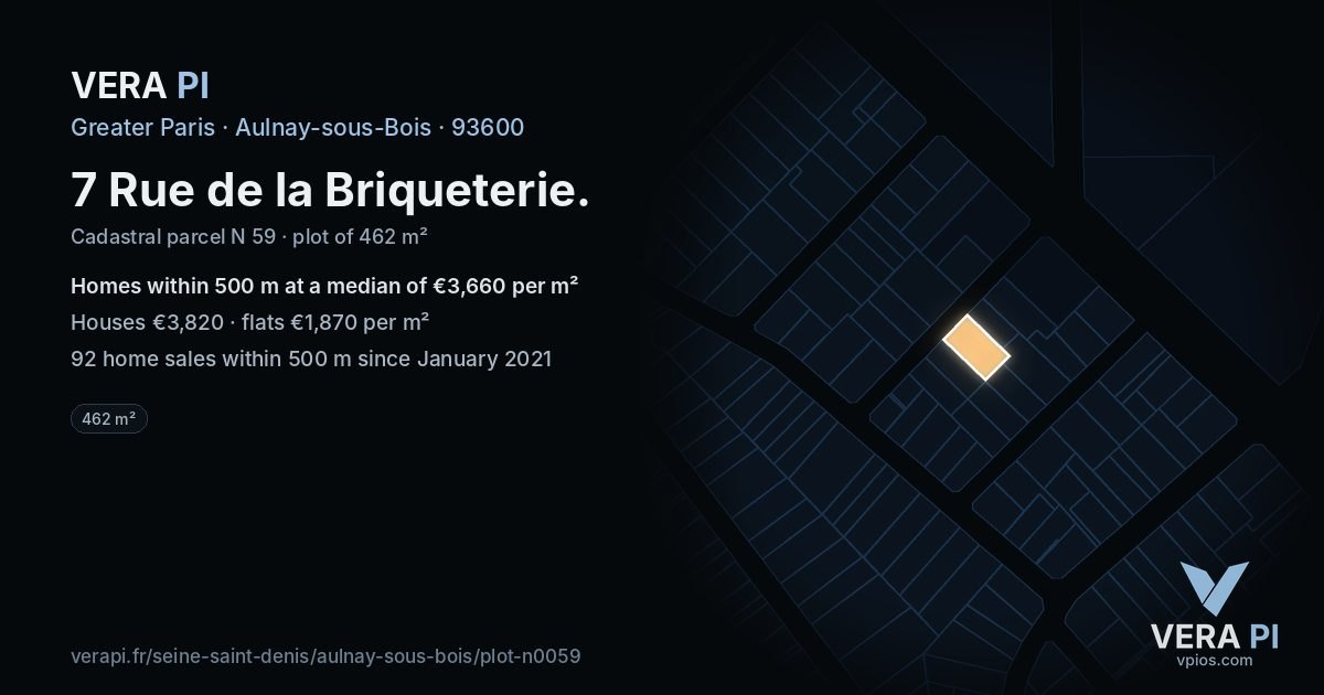 7 Rue de la Briqueterie, Aulnay-sous-Bois at night – the plot lit, the parcels around coloured by the prices near them
