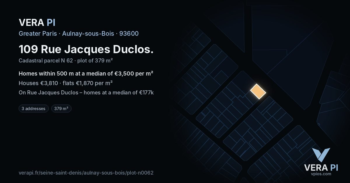 109 Rue Jacques Duclos, Aulnay-sous-Bois at night – the plot lit, the parcels around coloured by the prices near them