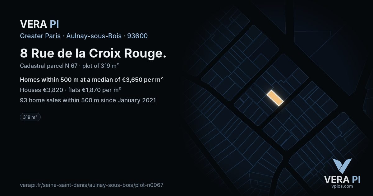 8 Rue de la Croix Rouge, Aulnay-sous-Bois at night – the plot lit, the parcels around coloured by the prices near them