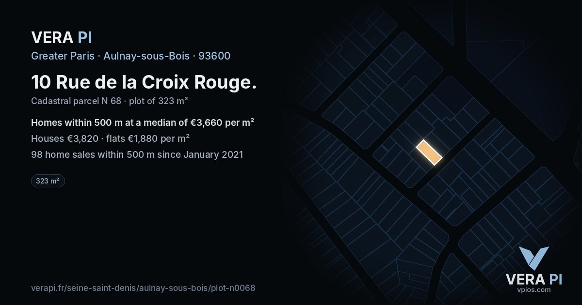 10 Rue de la Croix Rouge, Aulnay-sous-Bois at night – the plot lit, the parcels around coloured by the prices near them