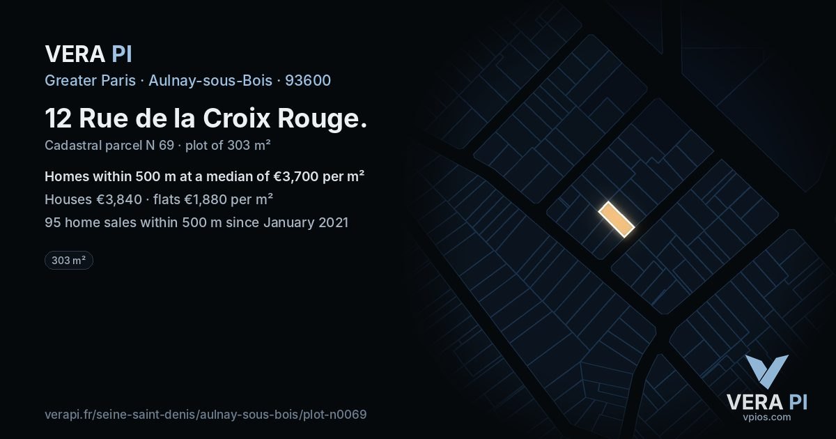 12 Rue de la Croix Rouge, Aulnay-sous-Bois at night – the plot lit, the parcels around coloured by the prices near them