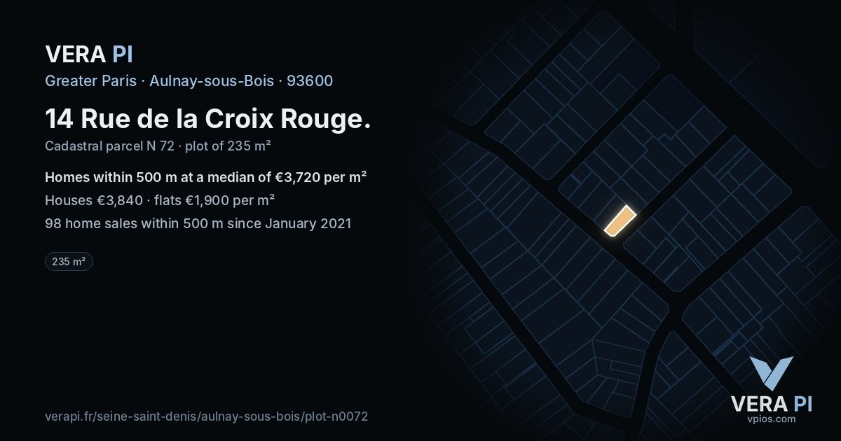 14 Rue de la Croix Rouge, Aulnay-sous-Bois at night – the plot lit, the parcels around coloured by the prices near them