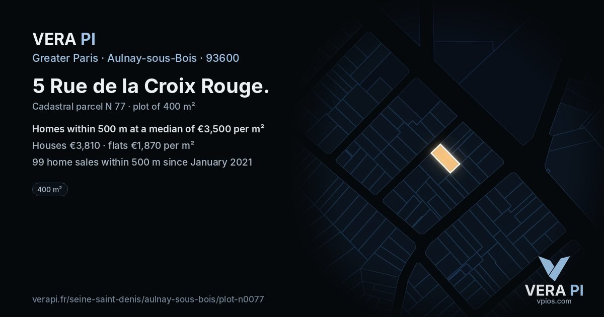 5 Rue de la Croix Rouge, Aulnay-sous-Bois at night – the plot lit, the parcels around coloured by the prices near them