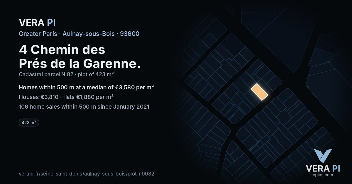 4 Chemin des Prés de la Garenne, Aulnay-sous-Bois at night – the plot lit, the parcels around coloured by the prices near them