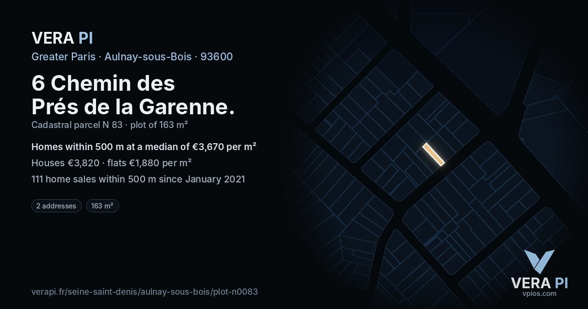 6 Chemin des Prés de la Garenne, Aulnay-sous-Bois at night – the plot lit, the parcels around coloured by the prices near them
