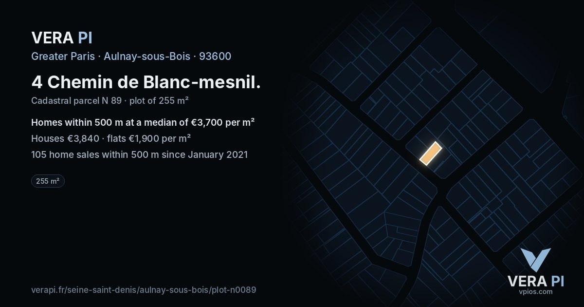 4 Chemin de Blanc-mesnil, Aulnay-sous-Bois at night – the plot lit, the parcels around coloured by the prices near them