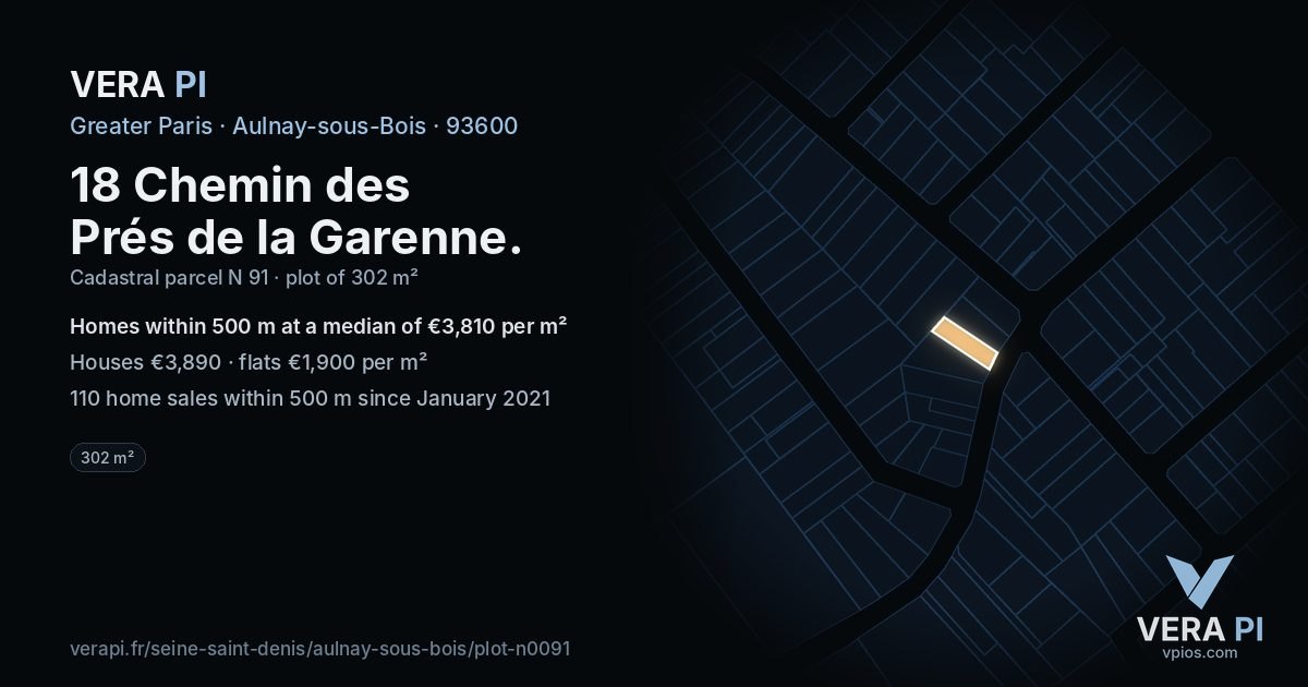 18 Chemin des Prés de la Garenne, Aulnay-sous-Bois at night – the plot lit, the parcels around coloured by the prices near them