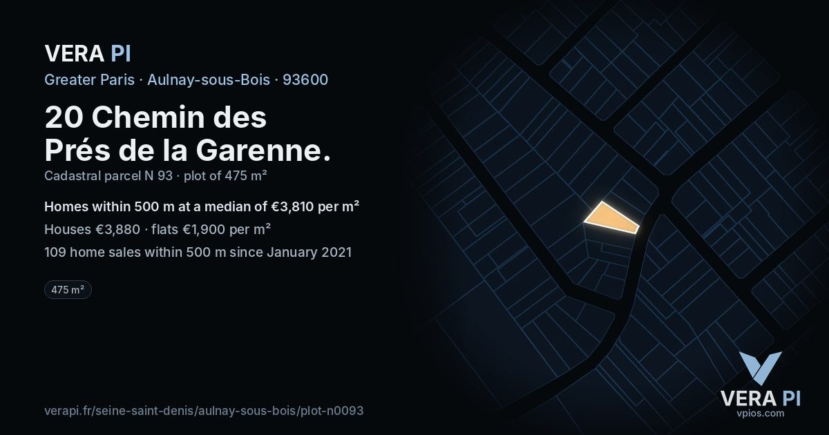 20 Chemin des Prés de la Garenne, Aulnay-sous-Bois at night – the plot lit, the parcels around coloured by the prices near them