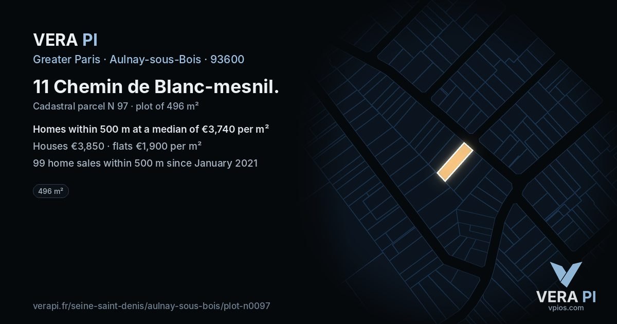 11 Chemin de Blanc-mesnil, Aulnay-sous-Bois at night – the plot lit, the parcels around coloured by the prices near them