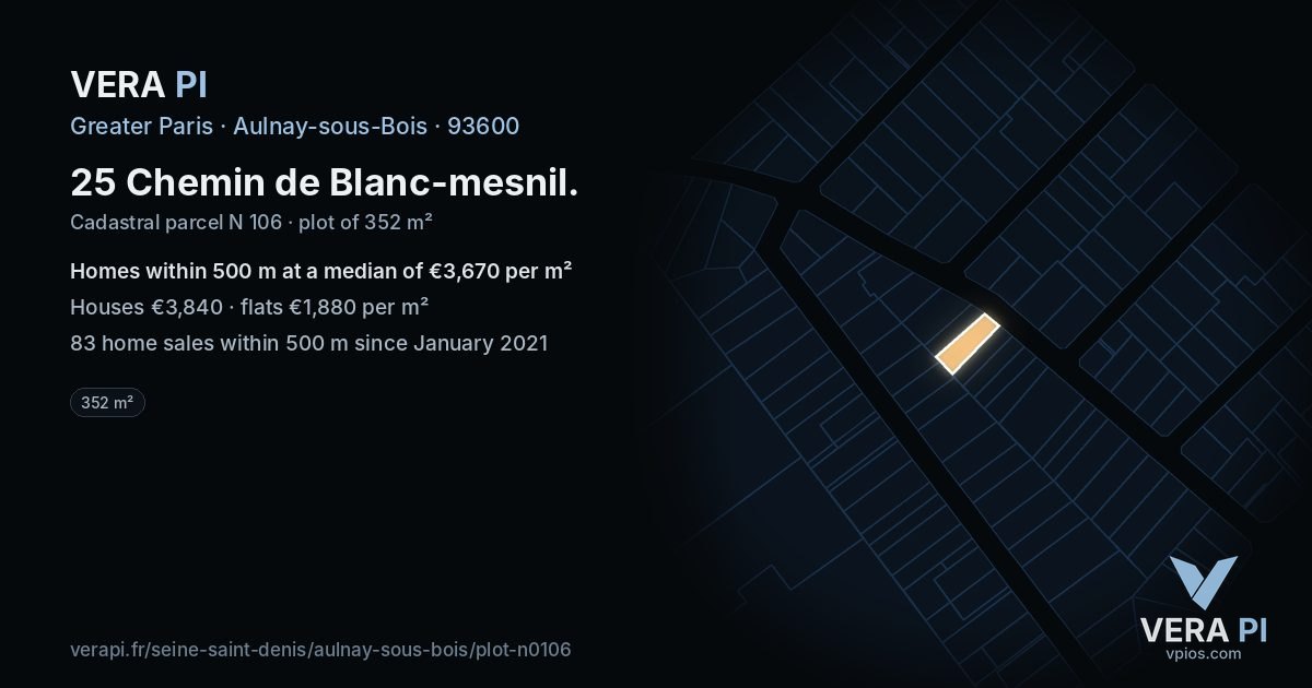 25 Chemin de Blanc-mesnil, Aulnay-sous-Bois at night – the plot lit, the parcels around coloured by the prices near them