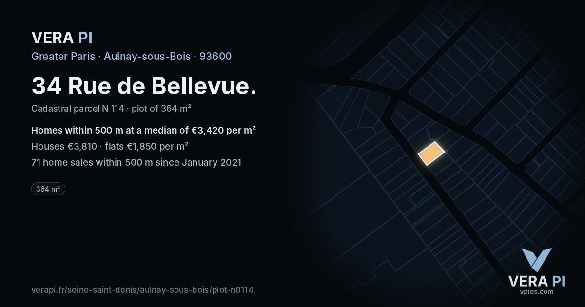 34 Rue de Bellevue, Aulnay-sous-Bois at night – the plot lit, the parcels around coloured by the prices near them
