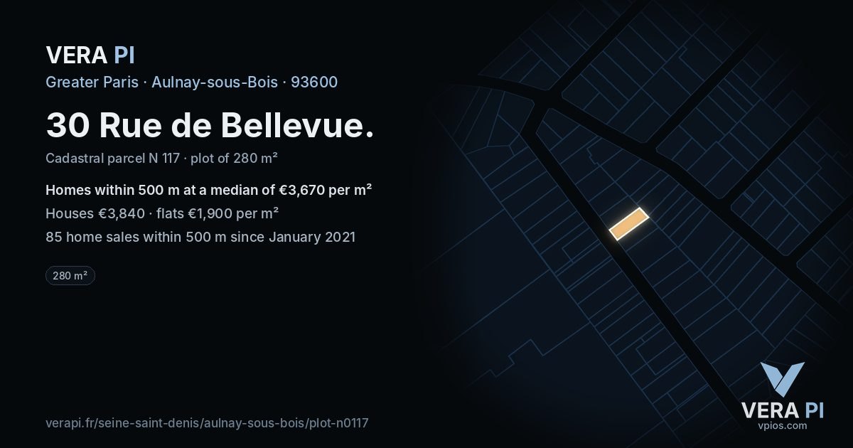 30 Rue de Bellevue, Aulnay-sous-Bois at night – the plot lit, the parcels around coloured by the prices near them