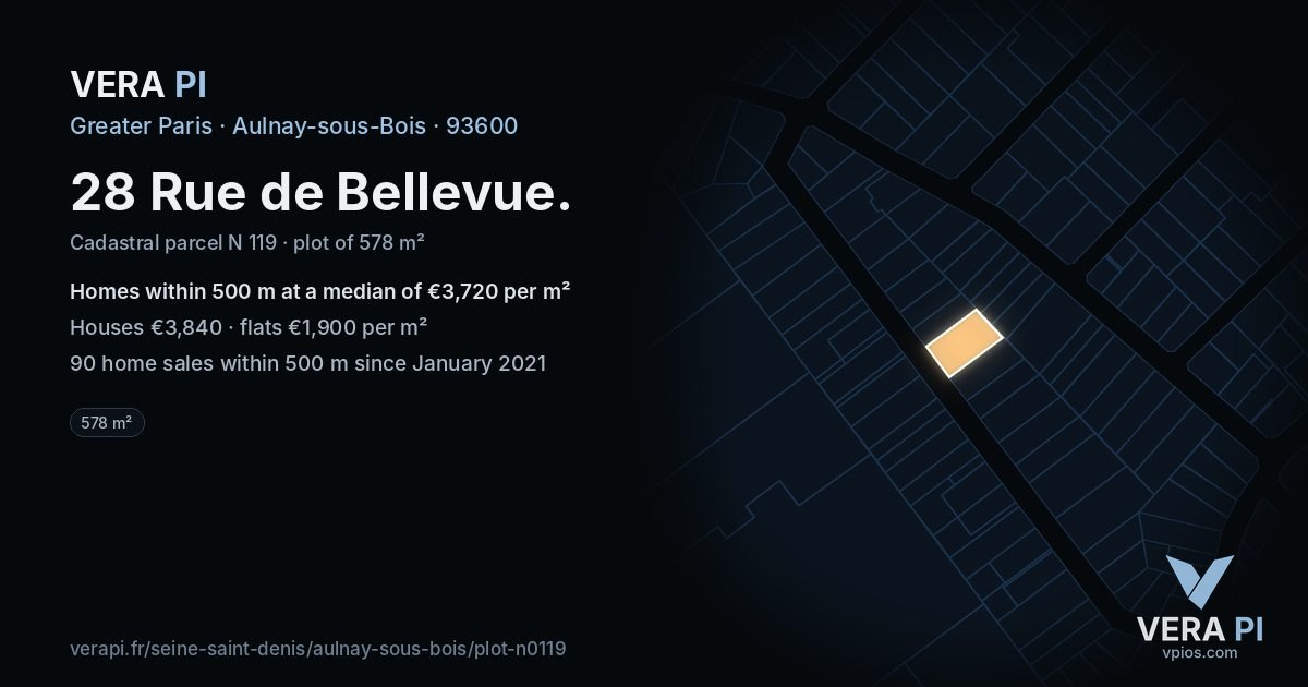 28 Rue de Bellevue, Aulnay-sous-Bois at night – the plot lit, the parcels around coloured by the prices near them