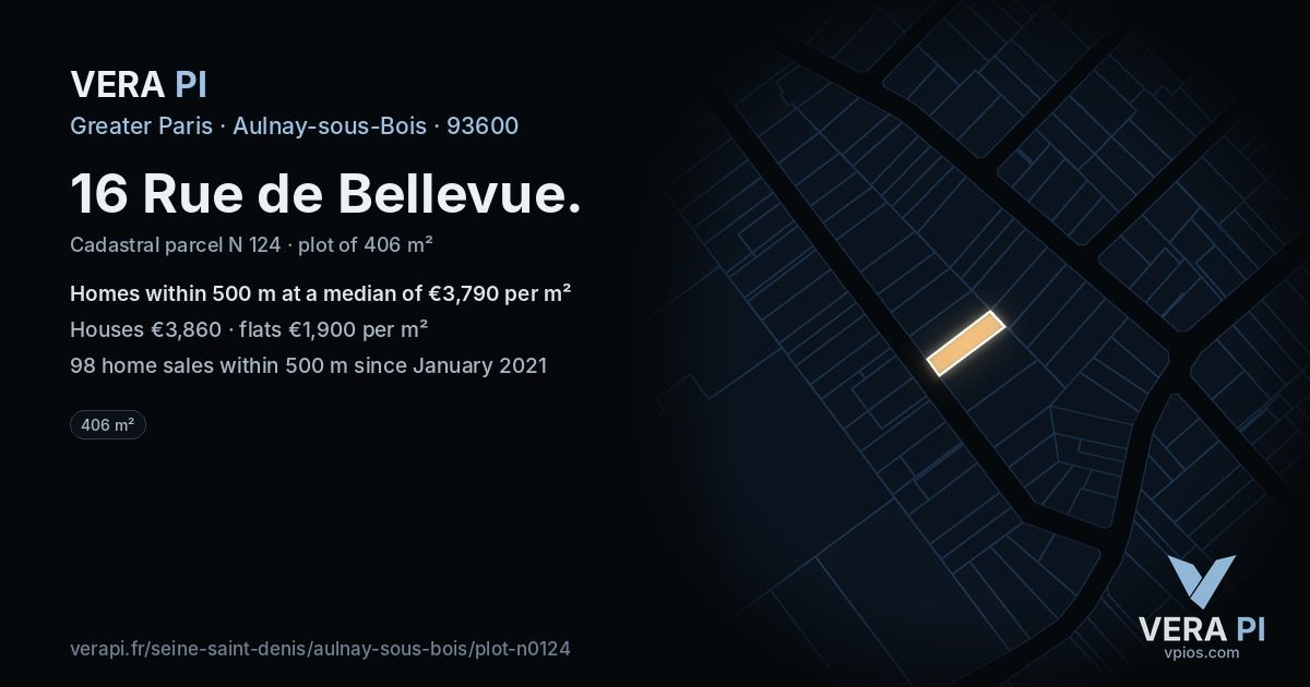 16 Rue de Bellevue, Aulnay-sous-Bois at night – the plot lit, the parcels around coloured by the prices near them