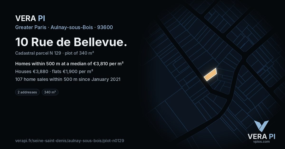 10 Rue de Bellevue, Aulnay-sous-Bois at night – the plot lit, the parcels around coloured by the prices near them