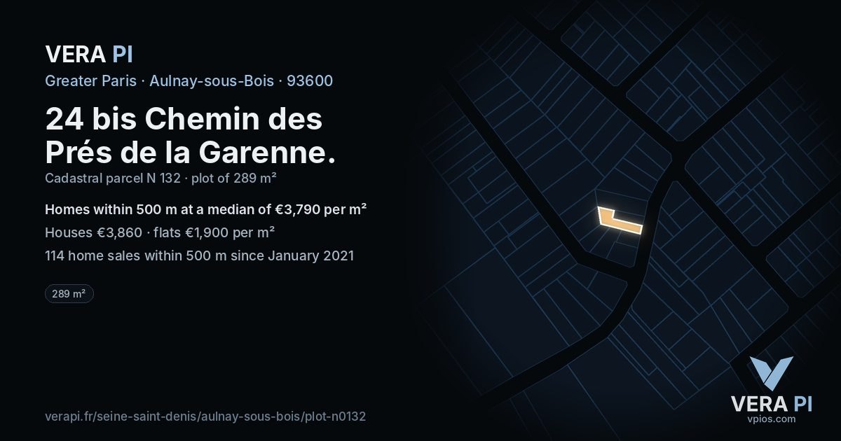 24 bis Chemin des Prés de la Garenne, Aulnay-sous-Bois at night – the plot lit, the parcels around coloured by the prices near them