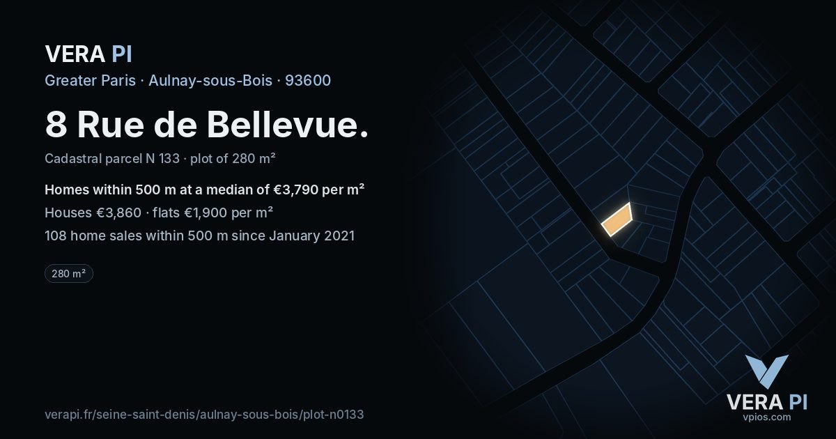 8 Rue de Bellevue, Aulnay-sous-Bois at night – the plot lit, the parcels around coloured by the prices near them