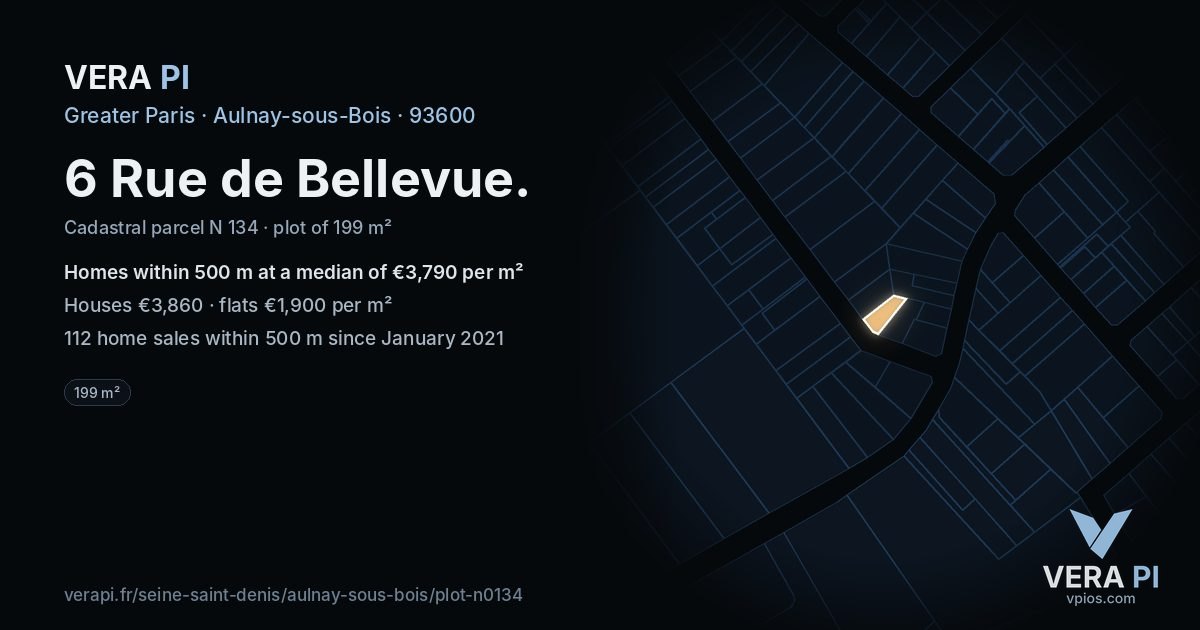 6 Rue de Bellevue, Aulnay-sous-Bois at night – the plot lit, the parcels around coloured by the prices near them