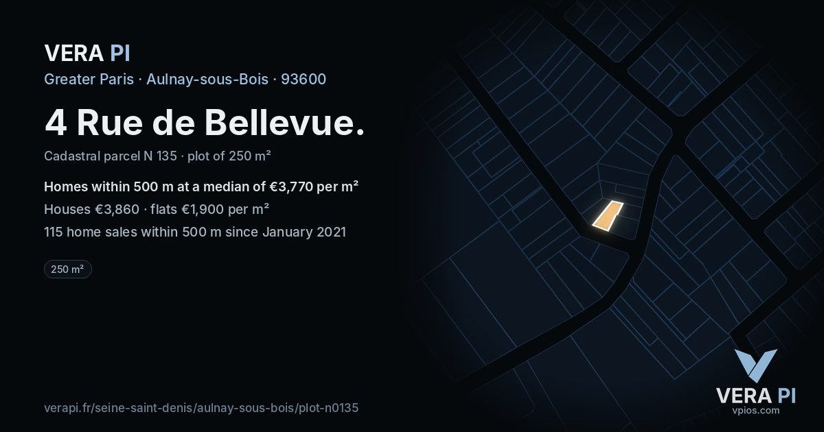 4 Rue de Bellevue, Aulnay-sous-Bois at night – the plot lit, the parcels around coloured by the prices near them
