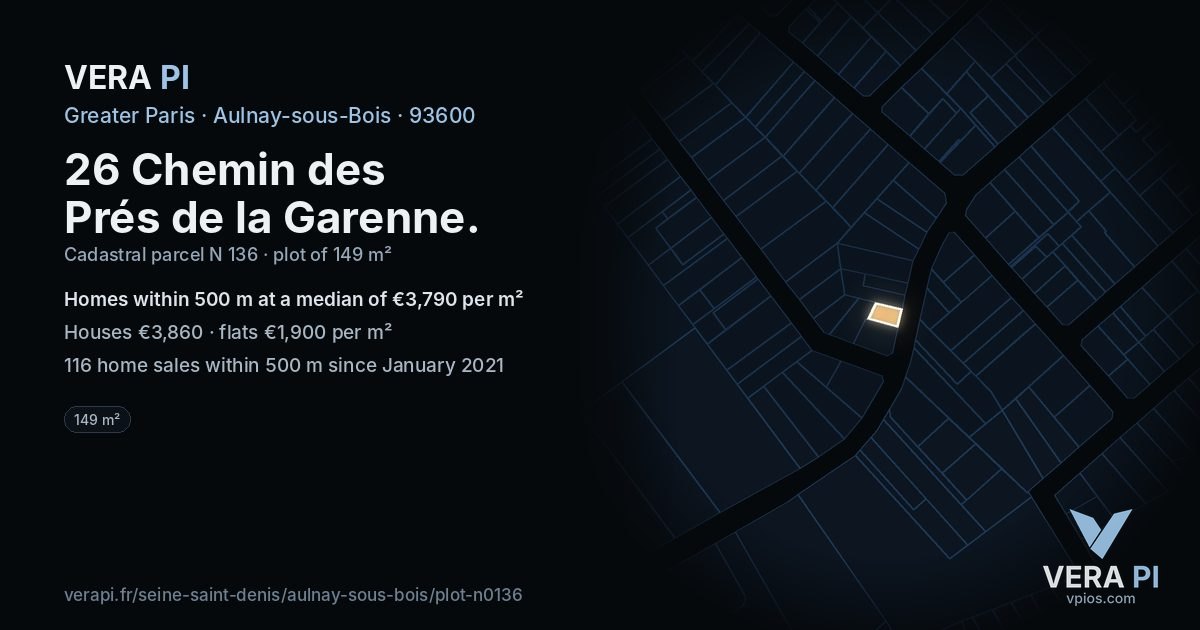 26 Chemin des Prés de la Garenne, Aulnay-sous-Bois at night – the plot lit, the parcels around coloured by the prices near them