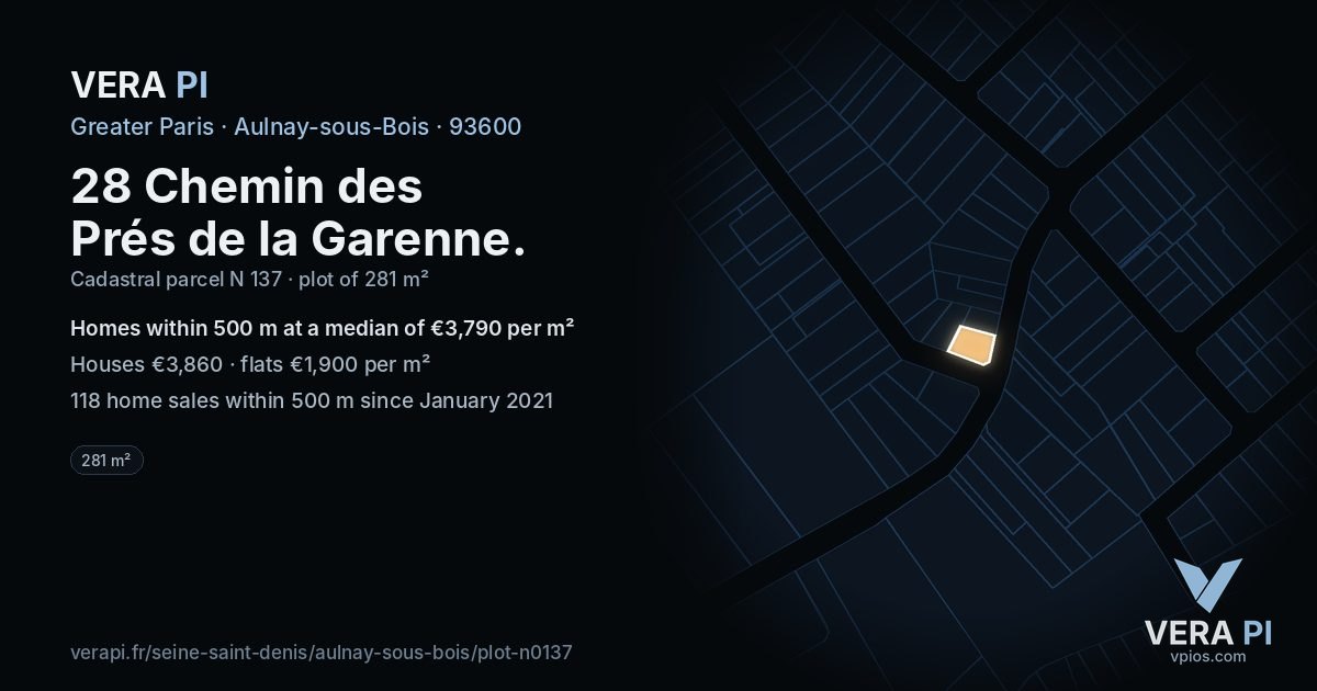 28 Chemin des Prés de la Garenne, Aulnay-sous-Bois at night – the plot lit, the parcels around coloured by the prices near them