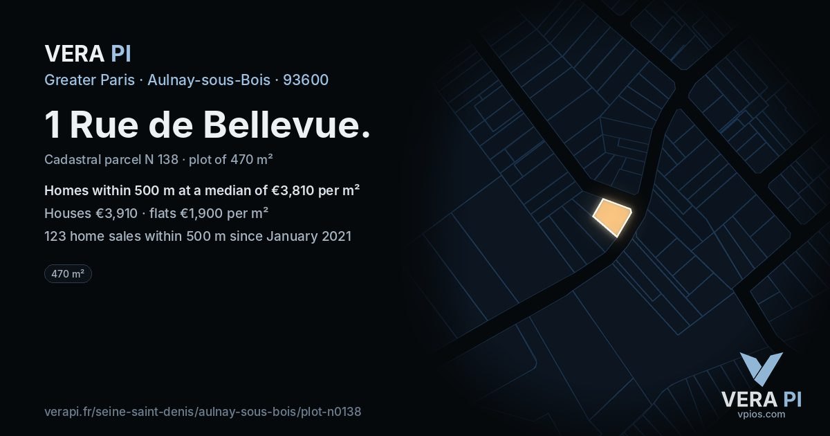 1 Rue de Bellevue, Aulnay-sous-Bois at night – the plot lit, the parcels around coloured by the prices near them