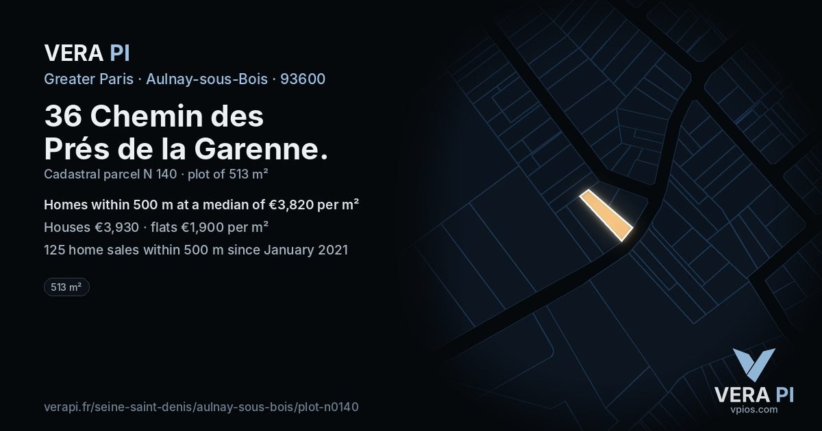 36 Chemin des Prés de la Garenne, Aulnay-sous-Bois at night – the plot lit, the parcels around coloured by the prices near them