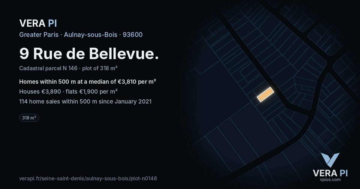 9 Rue de Bellevue, Aulnay-sous-Bois at night – the plot lit, the parcels around coloured by the prices near them