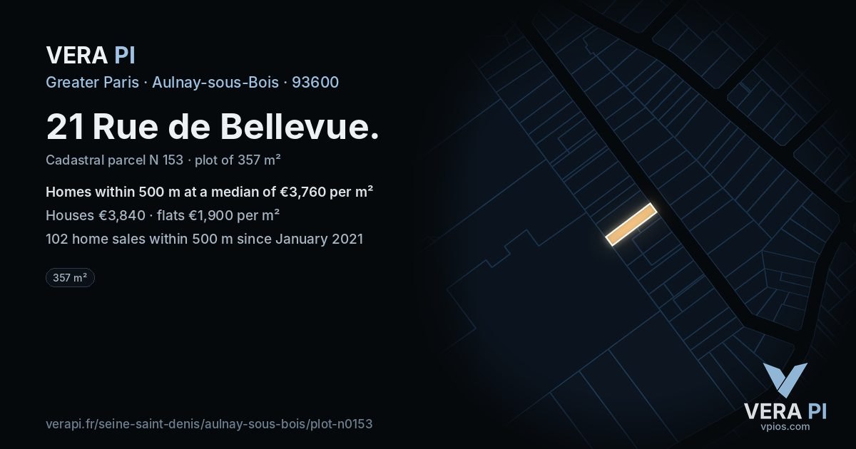 21 Rue de Bellevue, Aulnay-sous-Bois at night – the plot lit, the parcels around coloured by the prices near them