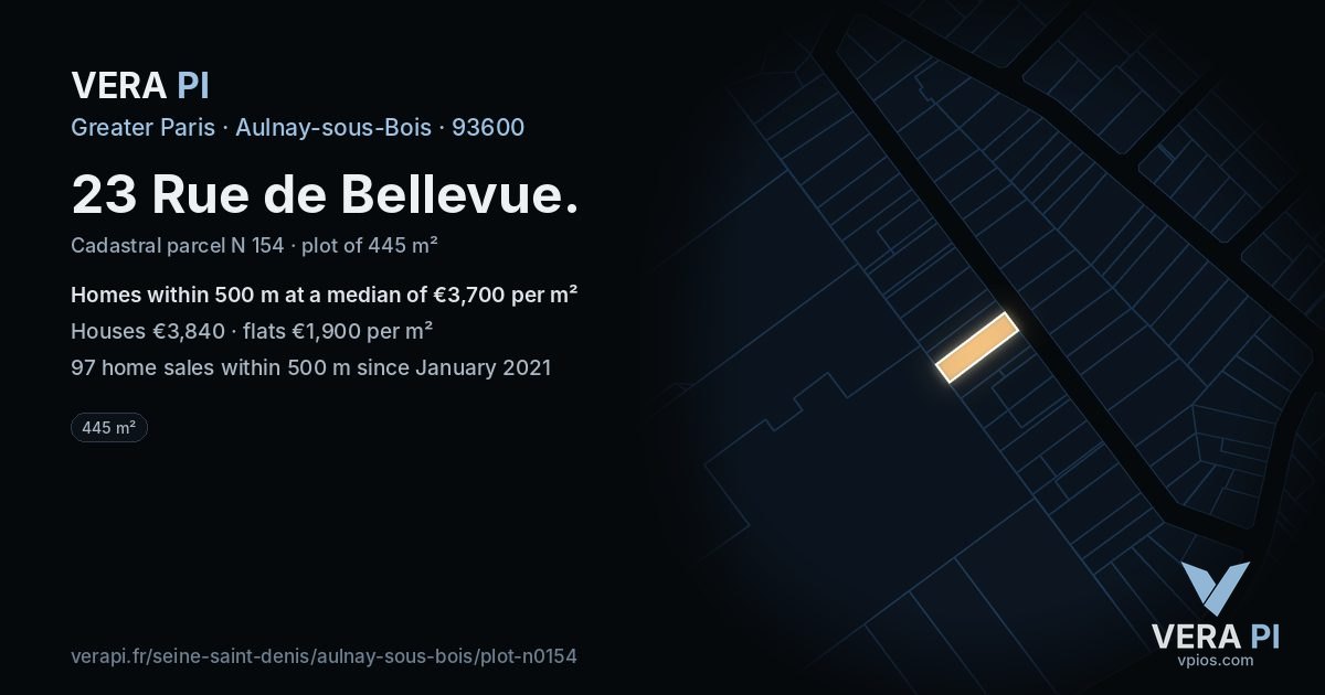 23 Rue de Bellevue, Aulnay-sous-Bois at night – the plot lit, the parcels around coloured by the prices near them