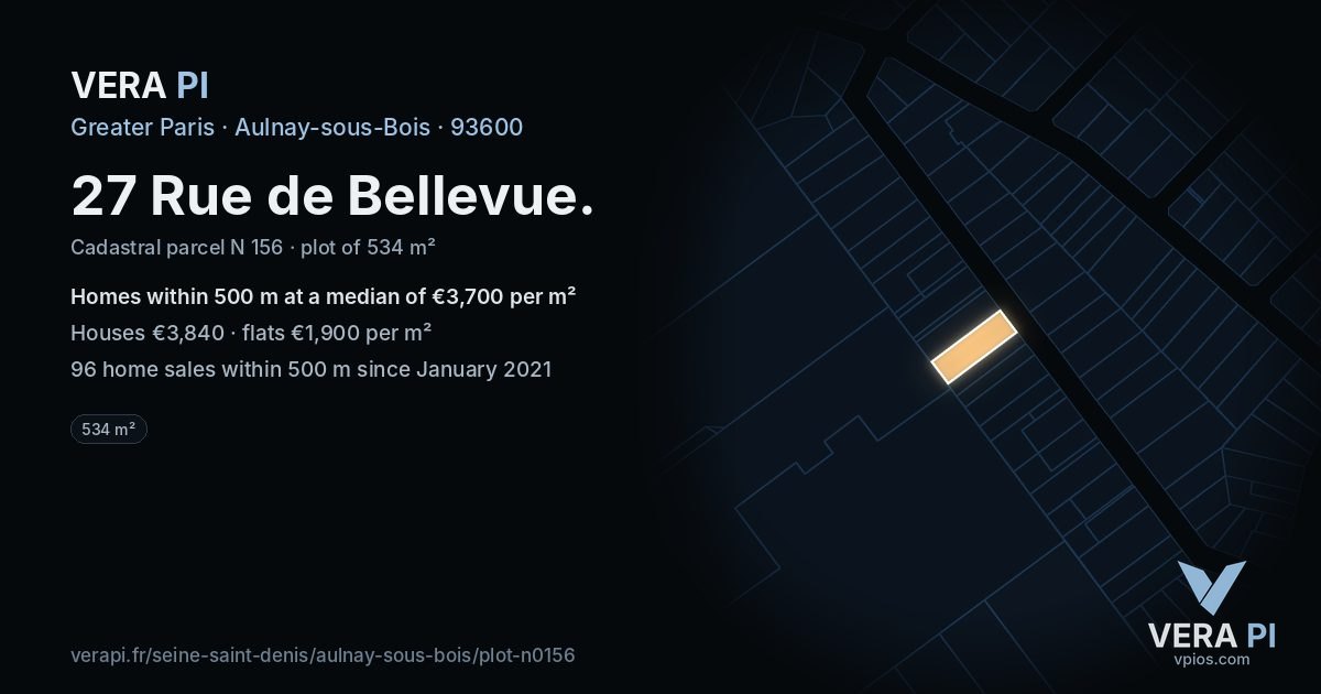 27 Rue de Bellevue, Aulnay-sous-Bois at night – the plot lit, the parcels around coloured by the prices near them