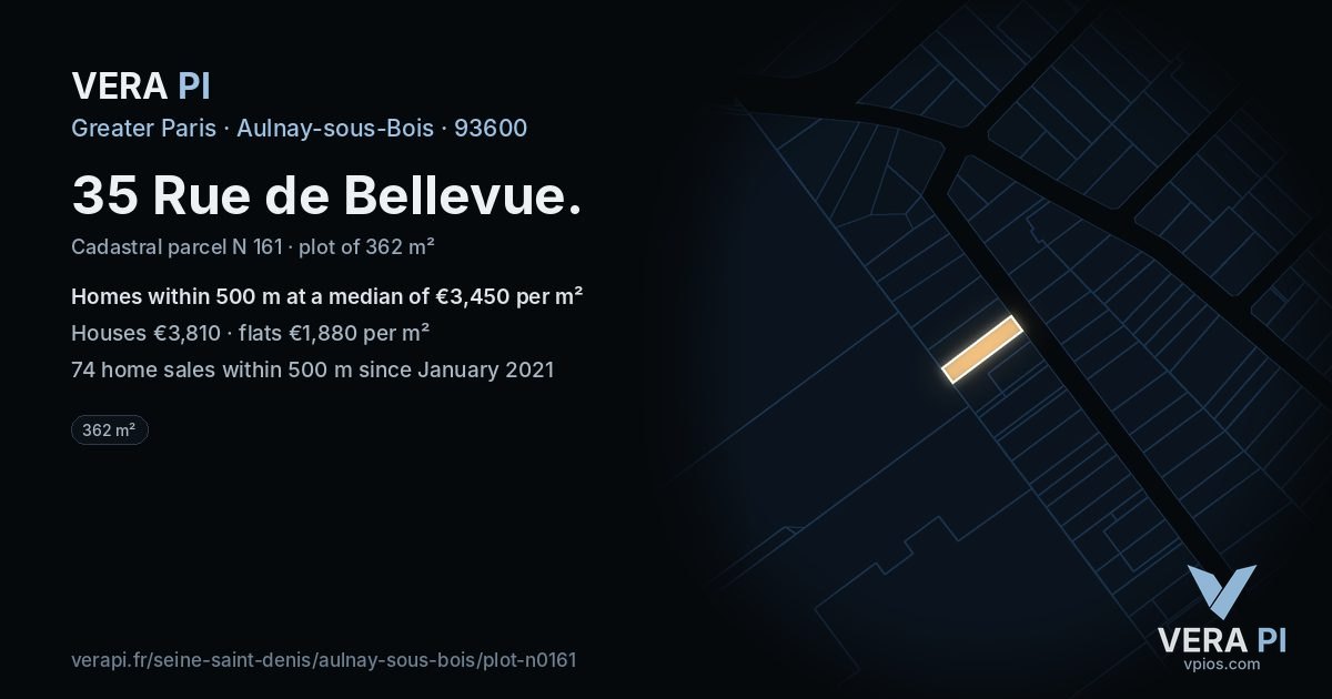 35 Rue de Bellevue, Aulnay-sous-Bois at night – the plot lit, the parcels around coloured by the prices near them