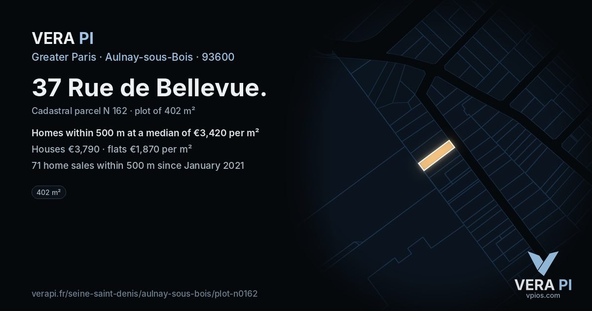 37 Rue de Bellevue, Aulnay-sous-Bois at night – the plot lit, the parcels around coloured by the prices near them